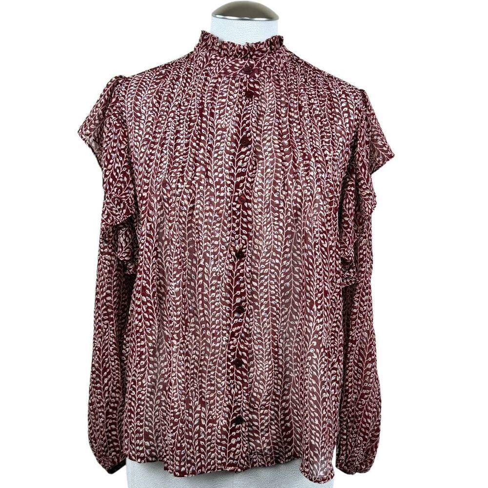 Women's Bishop + Young Red Thea Ruffle Blouse Puff Sheer‎ Lightweight Top Small